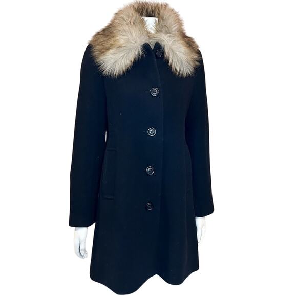 KATE SPADE NEW YORK Wool Coat w/ Faux Fur Collar Black Small - Picture 7 of 16